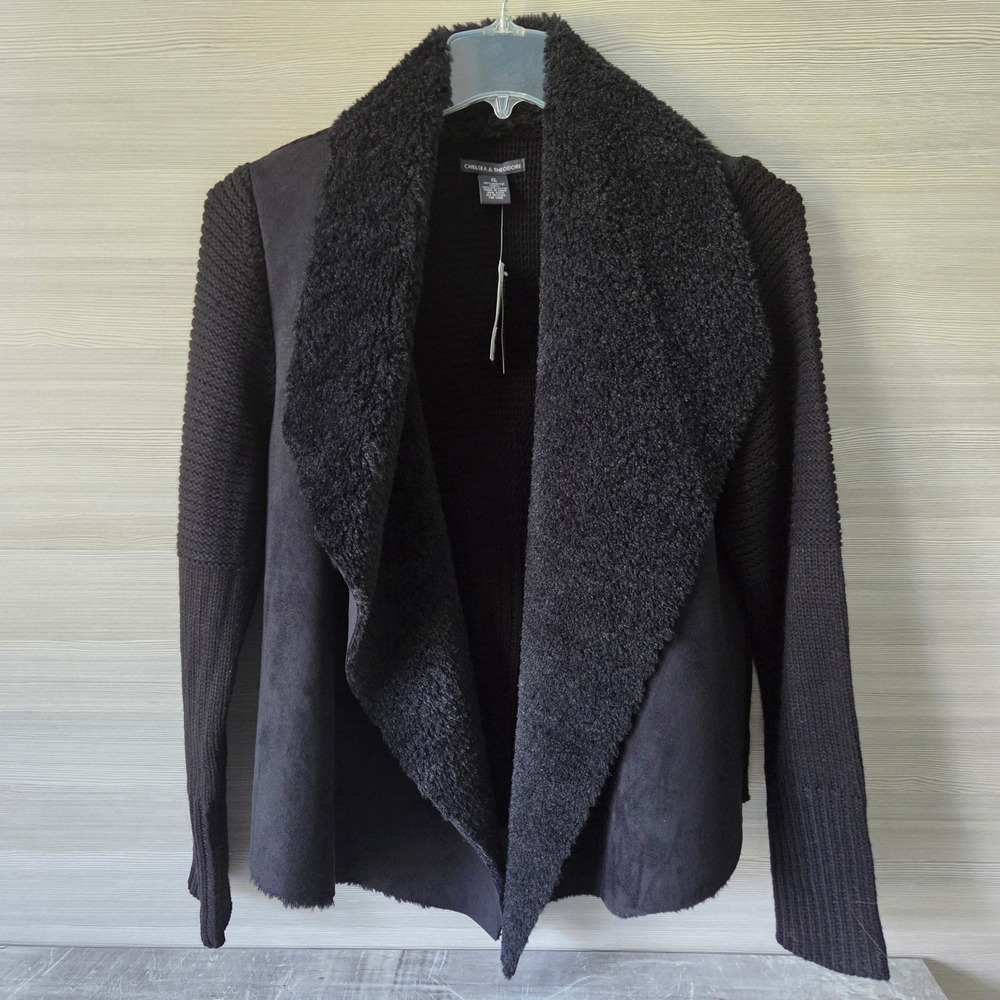Chelsea & Theodore Draped Faux Suede Fur Shawl Collar Cardigan XL Black Sweater